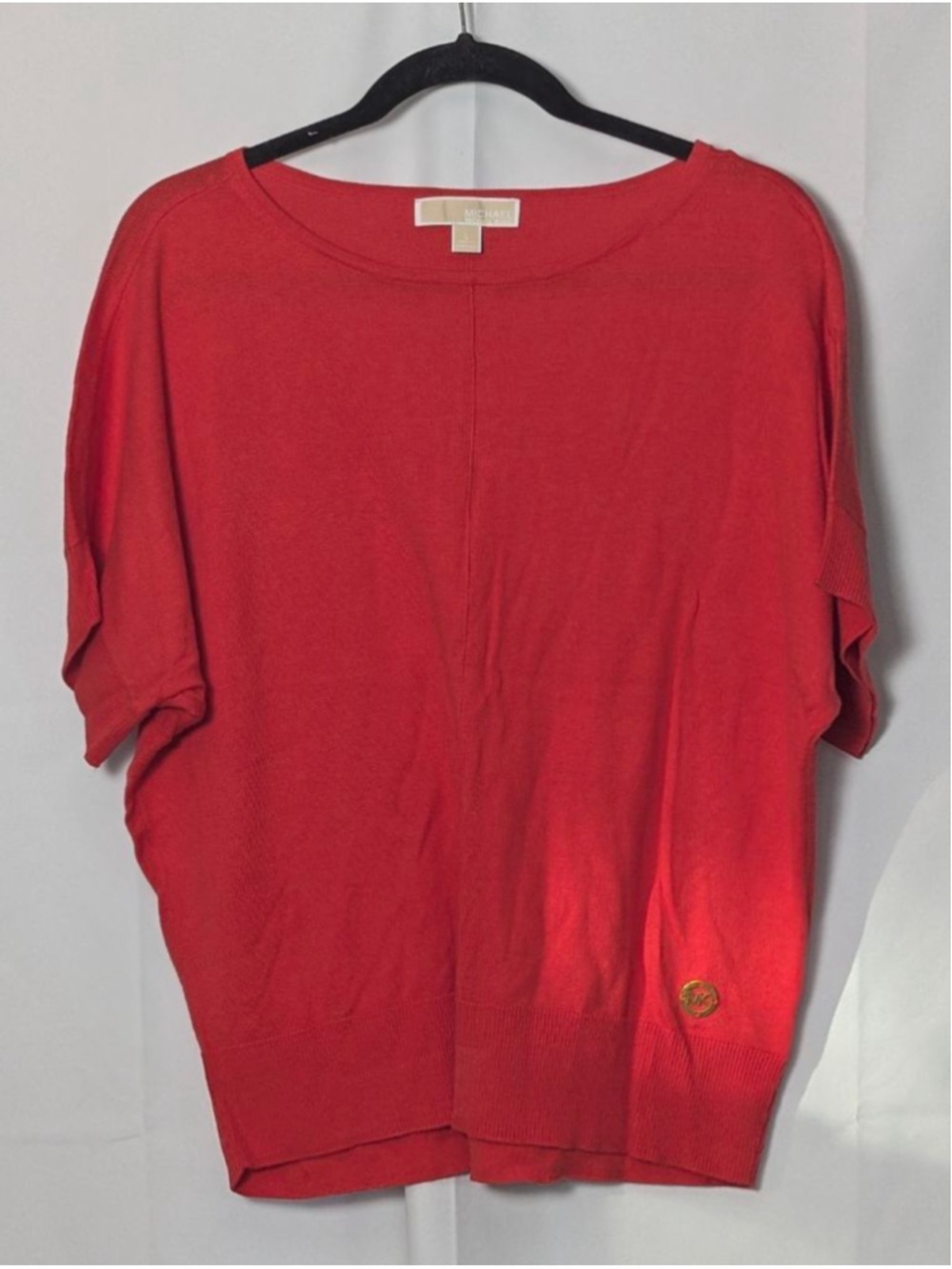 Michael Kors Red Knit Top Short Sleeve Gold Logo Large